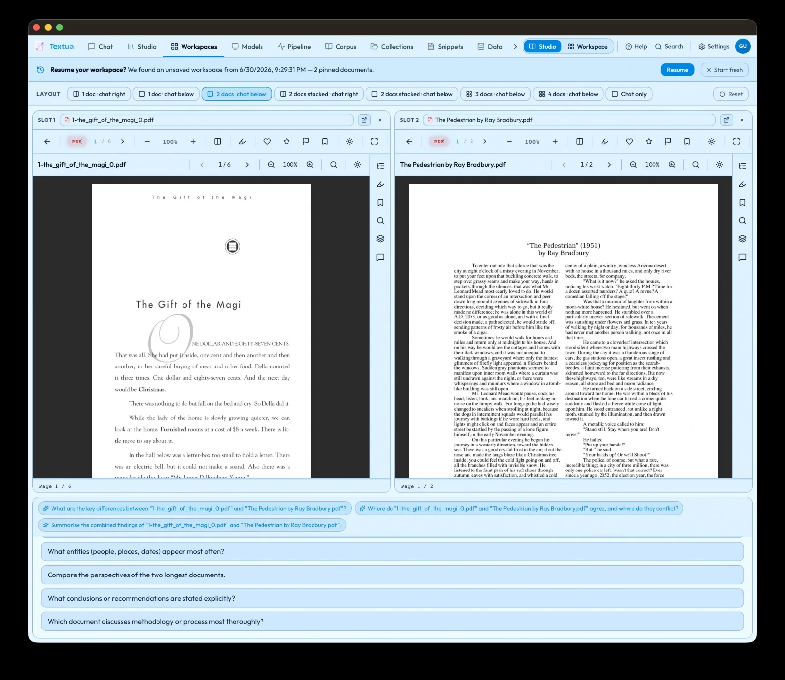 Textua Workspaces — Compare several documents at once